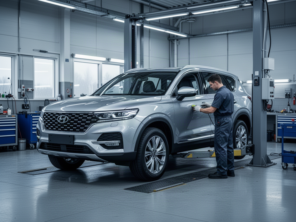 Illustrative view of an SUV in a vehicle service bay